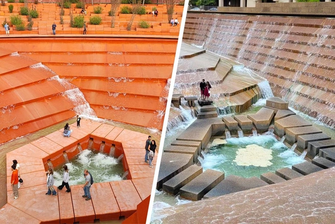 Слева&nbsp;— Парк облаков в Краснодаре, справа&nbsp;— парк Water Gardens в Техасе | Источник: РашнЮГ | Путешествия по Югу России / T.me; fortworth.com